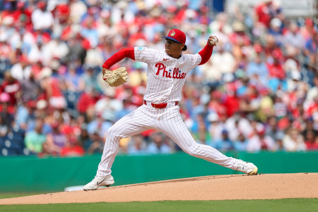 Mar 12, 2026; Clearwater, Florida, USA; Philadelphia Phillies starting pitcher Jesus Luzardo (44) throws a pitch against the Toronto Blue Jays in the first inning during spring training at BayCare Ballpark. Mandatory Credit: Nathan Ray Seebeck-Imagn Images