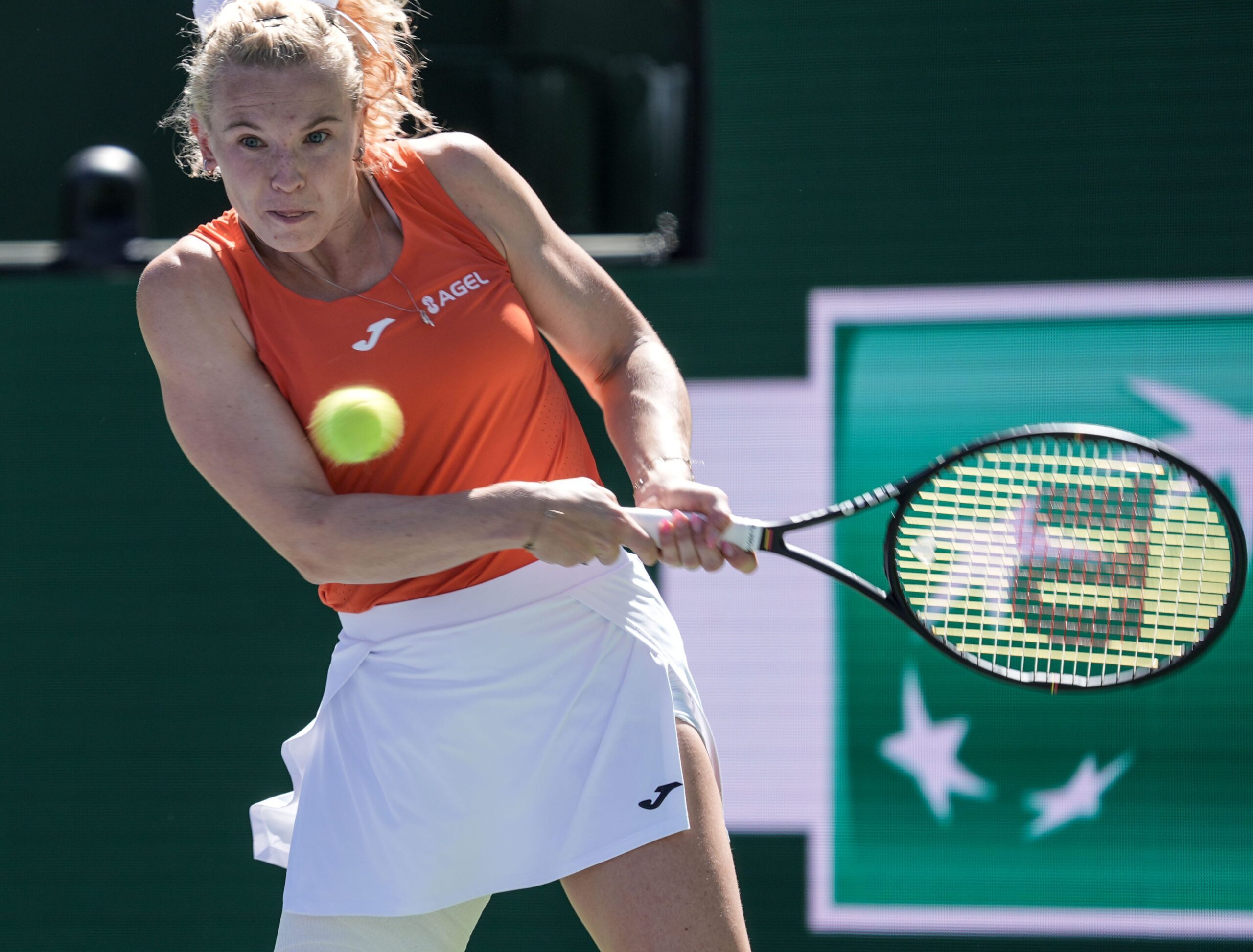 Katerina Siniakova plays in the doubles final match against Anna Danilina and Aleksandra Krunic during the BNP Paribas Open in Indian Wells, Calif., March 14, 2026.