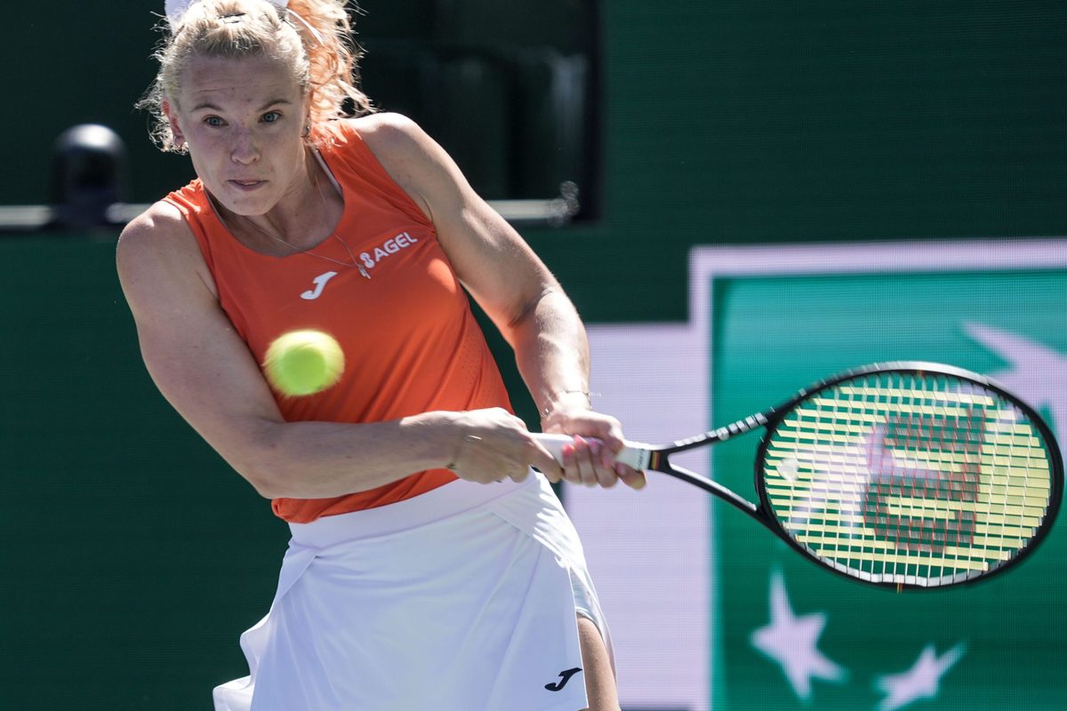 Katerina Siniakova plays in the doubles final match against Anna Danilina and Aleksandra Krunic during the BNP Paribas Open in Indian Wells, Calif., March 14, 2026.