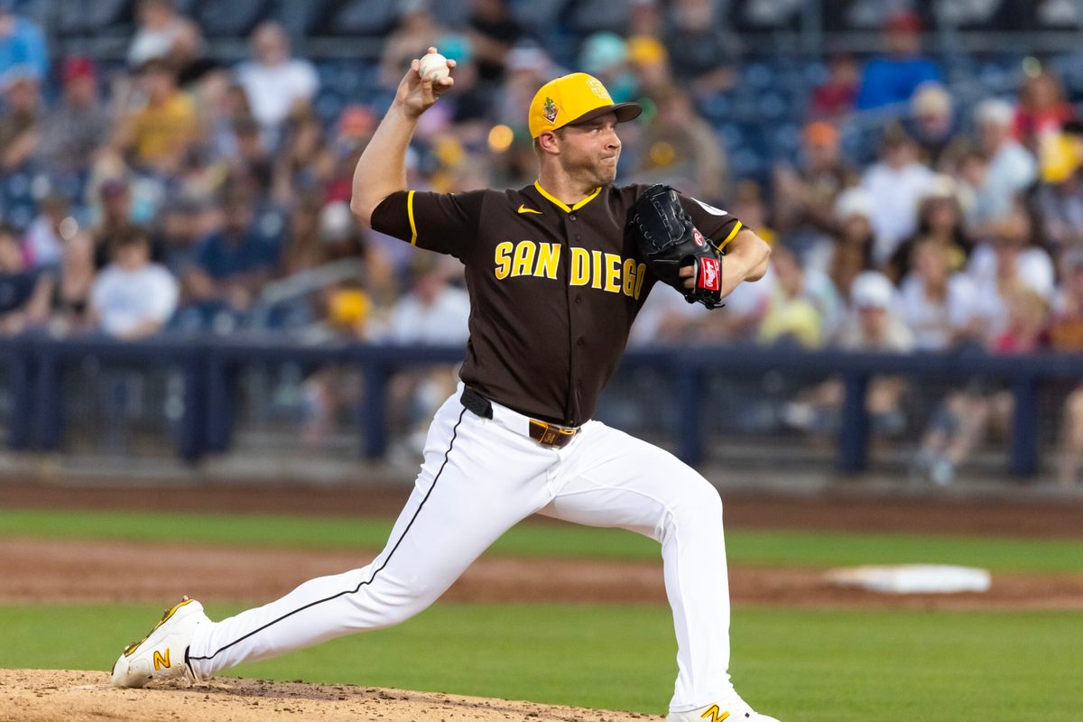 Mar 19, 2026; Peoria, Arizona, USA; San Diego Padres pitcher Michael King against the Chicago White Sox during a spring training game at Peoria Sports Complex. Mandatory Credit: Mark J. Rebilas-Imagn Images