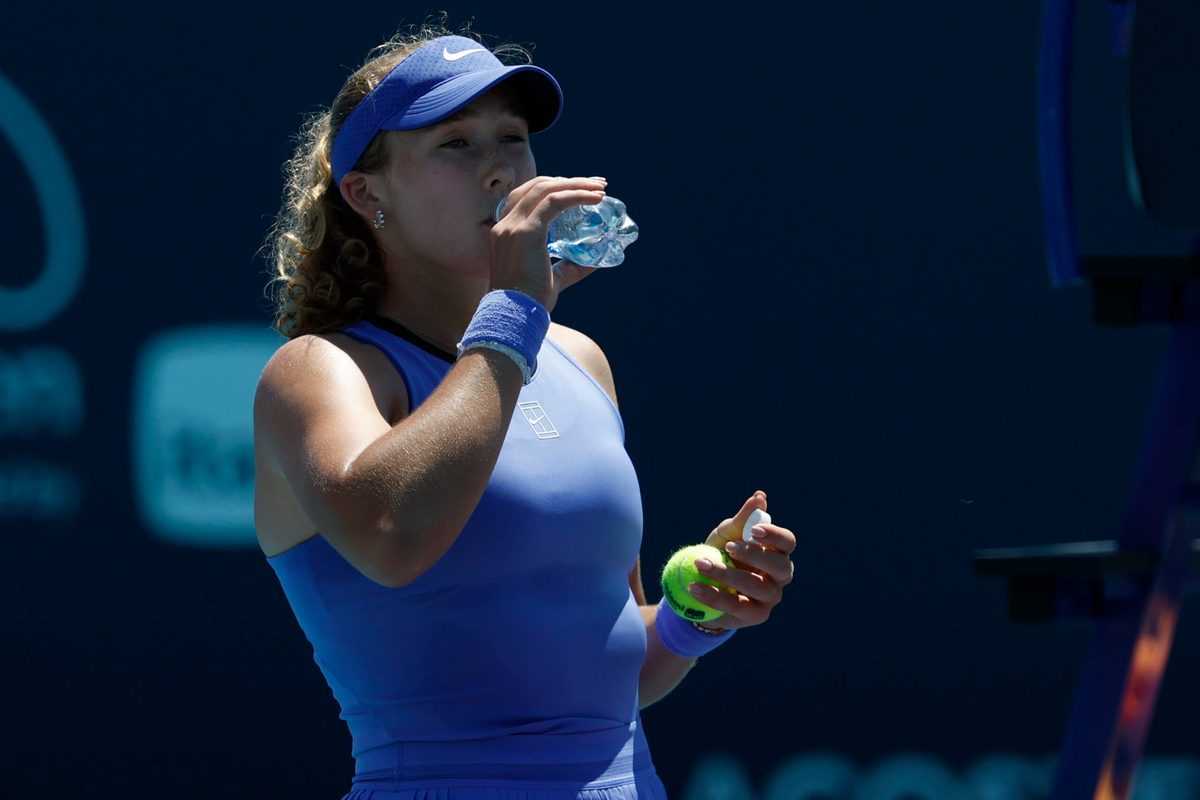 Mar 23, 2026; Miami Gardens, FL, USA; Mirra Andreeva takes a drink of water during a changeover against Victoria Mboko (CAN) (not pictured) on day 7 of the 2026 Miami Open at Hard Rock Stadium. Mandatory Credit: Geoff Burke-Imagn Images