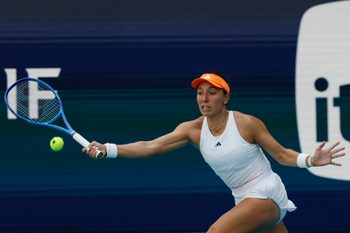 Mar 25, 2026; Miami Gardens, FL, USA; Jessica Pegula (USA) reaches for a forehand against Elena Rybakina (KAZ) (not pictured) on day nine of the 2026 Miami Open at Hard Rock Stadium. Mandatory Credit: Geoff Burke-Imagn Images