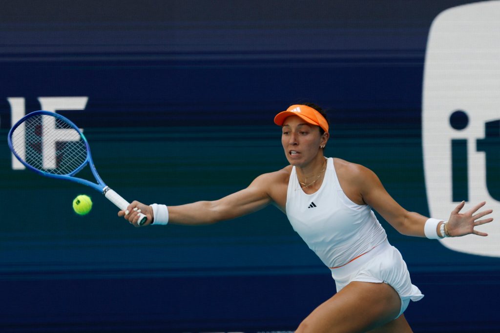 Mar 25, 2026; Miami Gardens, FL, USA; Jessica Pegula (USA) reaches for a forehand against Elena Rybakina (KAZ) (not pictured) on day nine of the 2026 Miami Open at Hard Rock Stadium. Mandatory Credit: Geoff Burke-Imagn Images