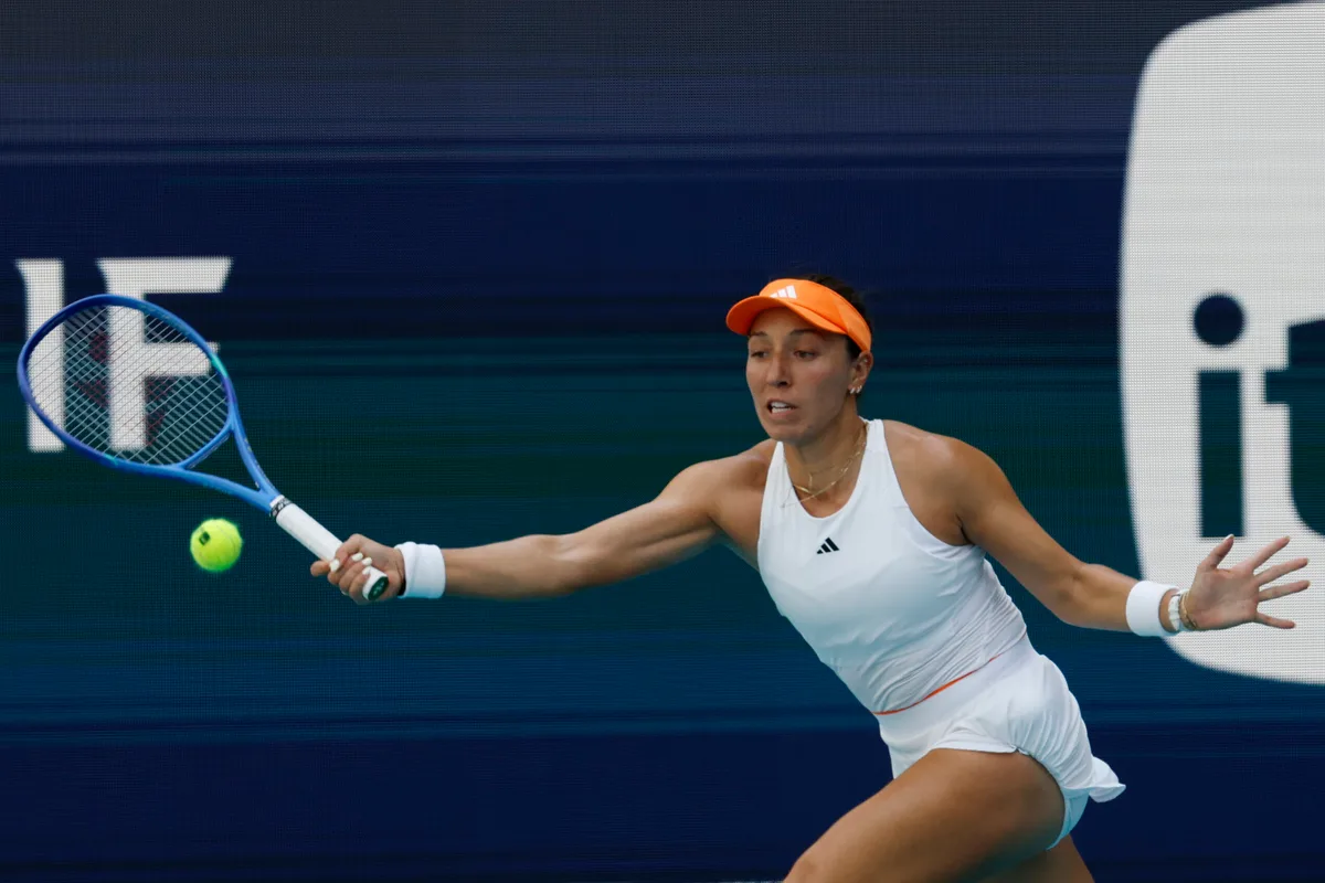 Mar 25, 2026; Miami Gardens, FL, USA; Jessica Pegula (USA) reaches for a forehand against Elena Rybakina (KAZ) (not pictured) on day nine of the 2026 Miami Open at Hard Rock Stadium. Mandatory Credit: Geoff Burke-Imagn Images