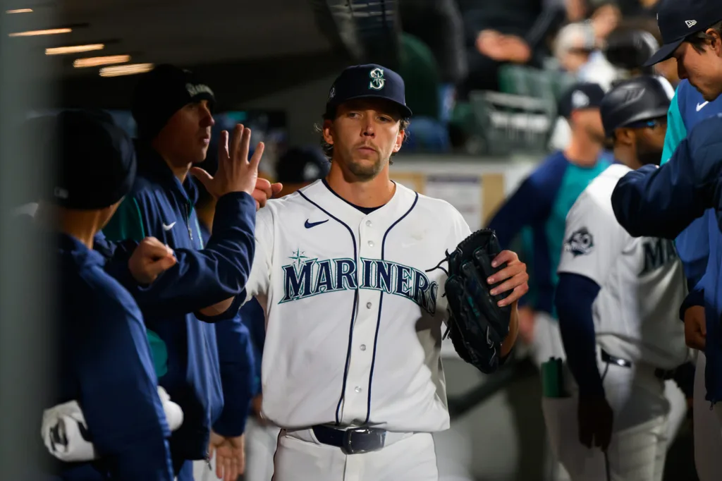 Mar 26, 2026; Seattle, Washington, USA; Seattle Mariners starting pitcher Logan Gilbert (36) in the dugout after leaving the game during the sixth inning against the Cleveland Guardians at T-Mobile Park. Mandatory Credit: Steven Bisig-Imagn Images