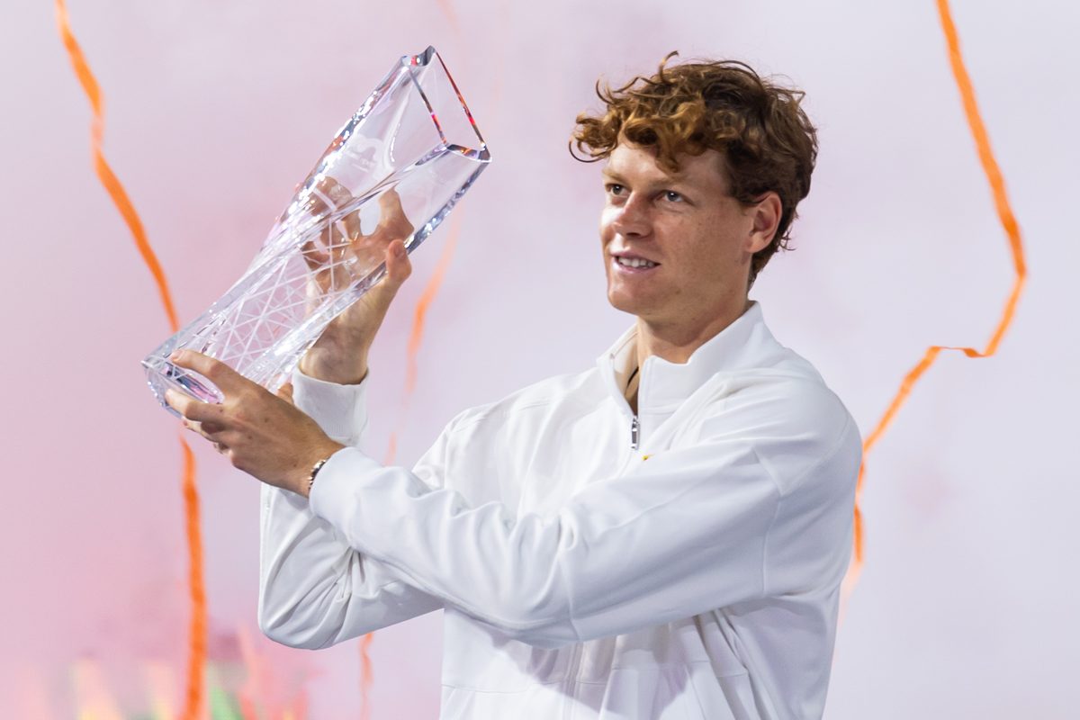 Mar 29, 2026; Miami Gardens, FL, USA; Jannik Sinner of Italy poses with the Butch Buchholz Championship Trophy after defeating Jiri Lehecka of the Czech Republic in the final of the men’s singles at the Miami Open at the Hard Rock Stadium. Mandatory Credit: Mike Frey-Imagn Images