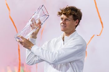 Mar 29, 2026; Miami Gardens, FL, USA; Jannik Sinner of Italy poses with the Butch Buchholz Championship Trophy after defeating Jiri Lehecka of the Czech Republic in the final of the men’s singles at the Miami Open at the Hard Rock Stadium. Mandatory Credit: Mike Frey-Imagn Images