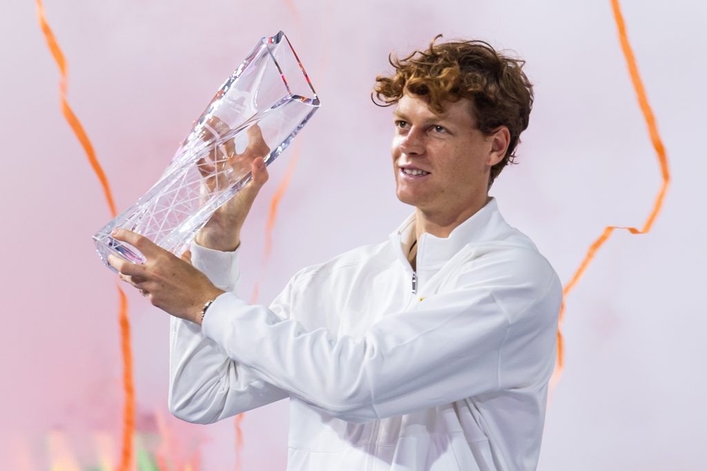 Mar 29, 2026; Miami Gardens, FL, USA; Jannik Sinner of Italy poses with the Butch Buchholz Championship Trophy after defeating Jiri Lehecka of the Czech Republic in the final of the men’s singles at the Miami Open at the Hard Rock Stadium. Mandatory Credit: Mike Frey-Imagn Images