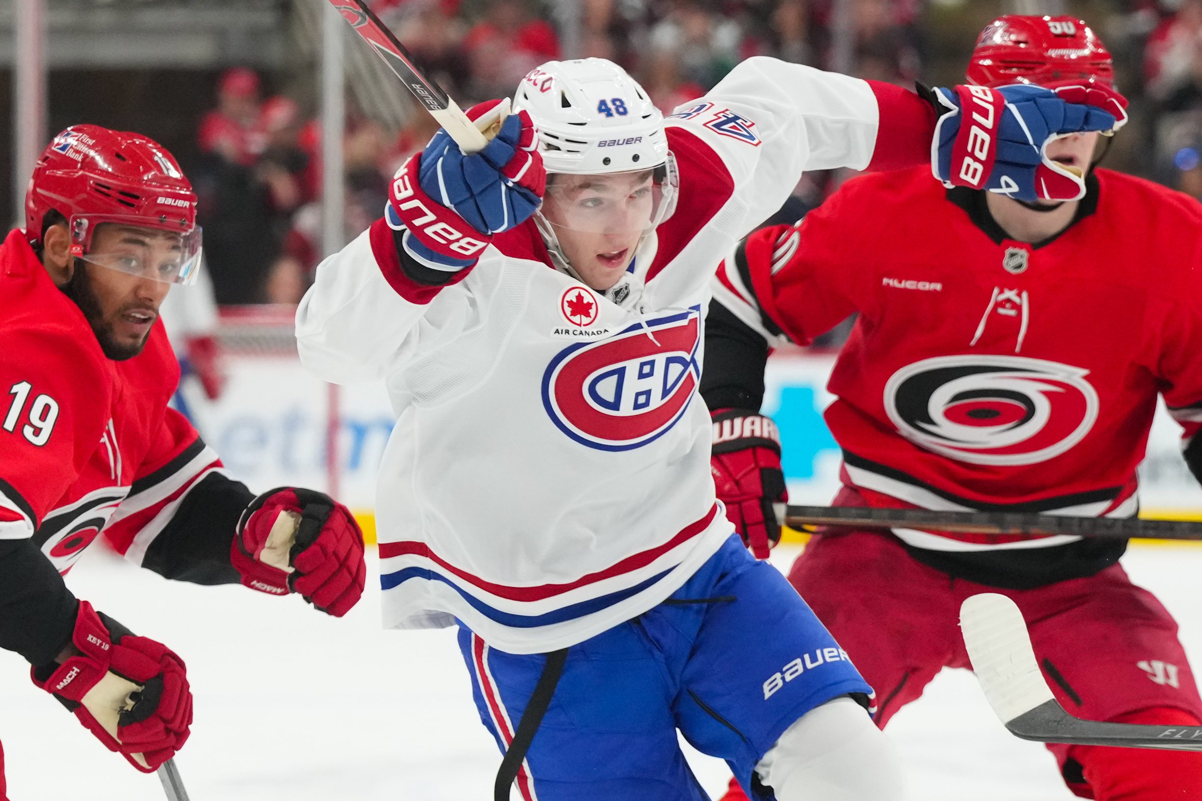 Mar 29, 2026; Raleigh, North Carolina, USA;  Montreal Canadiens defenseman Lane Hutson (48) skates against the Carolina Hurricanes during the second period at Lenovo Center. Mandatory Credit: James Guillory-Imagn Images