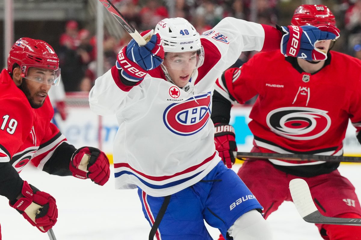 Mar 29, 2026; Raleigh, North Carolina, USA;  Montreal Canadiens defenseman Lane Hutson (48) skates against the Carolina Hurricanes during the second period at Lenovo Center. Mandatory Credit: James Guillory-Imagn Images