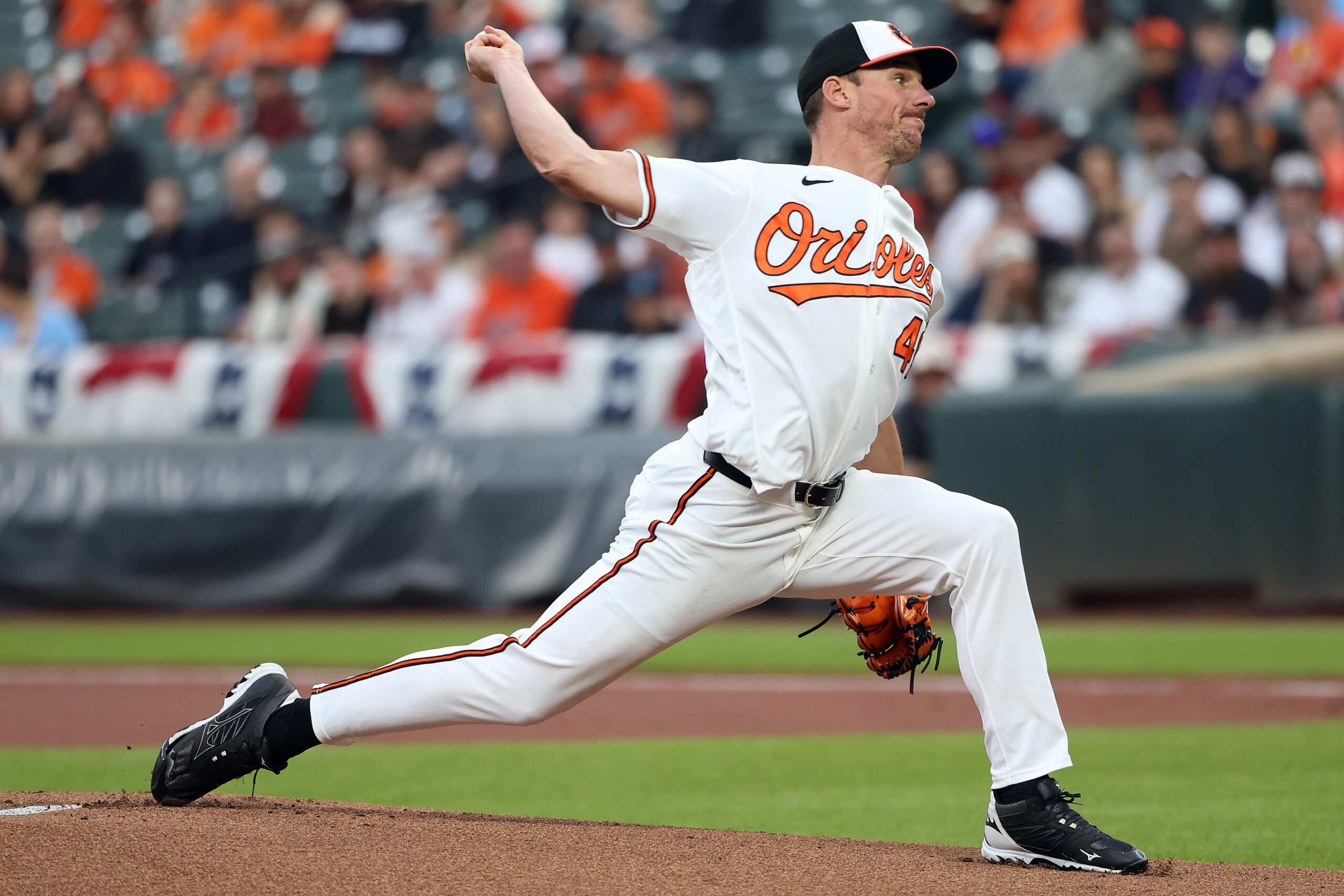 Mar 30, 2026; Baltimore, Maryland, USA; Baltimore Orioles pitcher Chris Bassitt (40) throws during the first inning against the Texas Rangers at Oriole Park at Camden Yards. Mandatory Credit: Daniel Kucin Jr.-Imagn Images