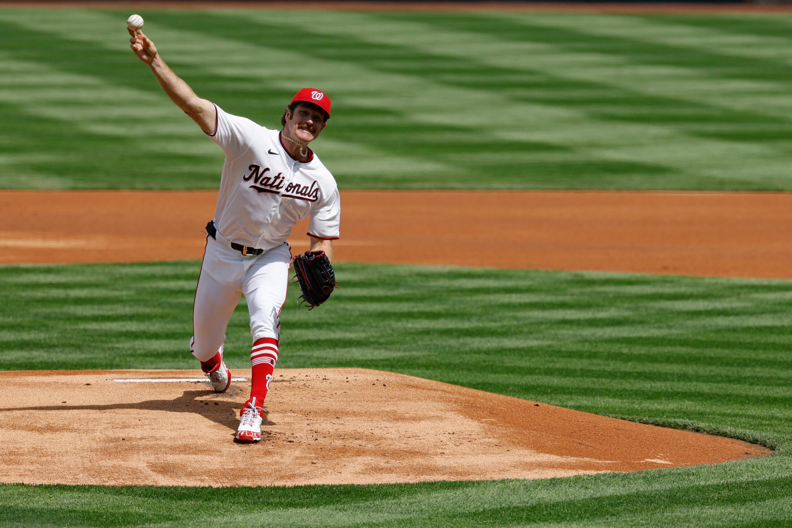 Apr 3, 2026; Washington, District of Columbia, USA; Washington Nationals pitcher Miles Mikolas (36) pitches against the Los Angeles Dodgers during the first inning at Nationals Park. Mandatory Credit: Geoff Burke-Imagn Images