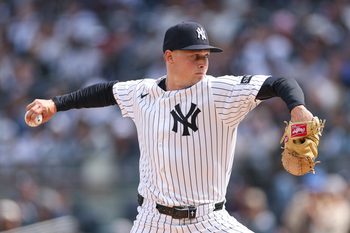 Apr 3, 2026; Bronx, New York, USA; New York Yankees pitcher Will Warren (29) delivers a pitch during the fourth inning against the Miami Marlins at Yankee Stadium. Mandatory Credit: Vincent Carchietta-Imagn Images