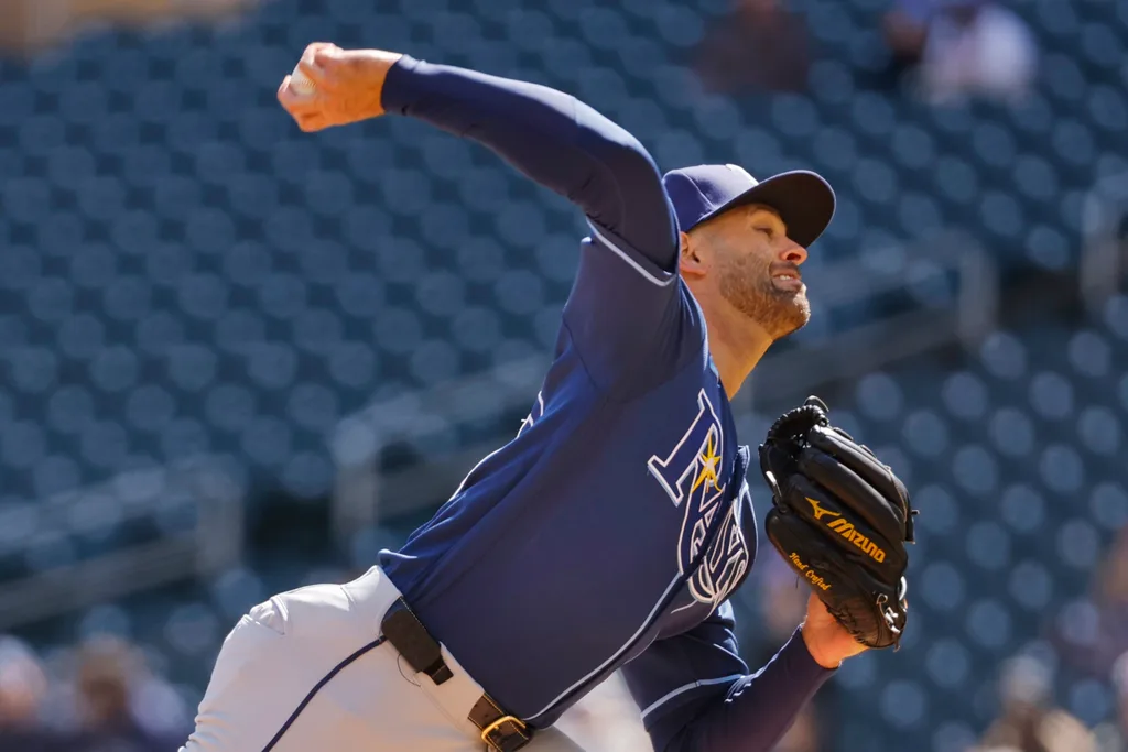 Apr 5, 2026; Minneapolis, Minnesota, USA; Tampa Bay Rays starting pitcher Nick Martinez (28) throws to the Minnesota Twins in the second inning at Target Field. Mandatory Credit: Bruce Kluckhohn-Imagn Images