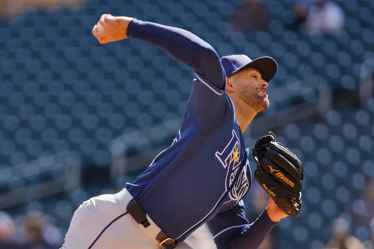Apr 5, 2026; Minneapolis, Minnesota, USA; Tampa Bay Rays starting pitcher Nick Martinez (28) throws to the Minnesota Twins in the second inning at Target Field. Mandatory Credit: Bruce Kluckhohn-Imagn Images
