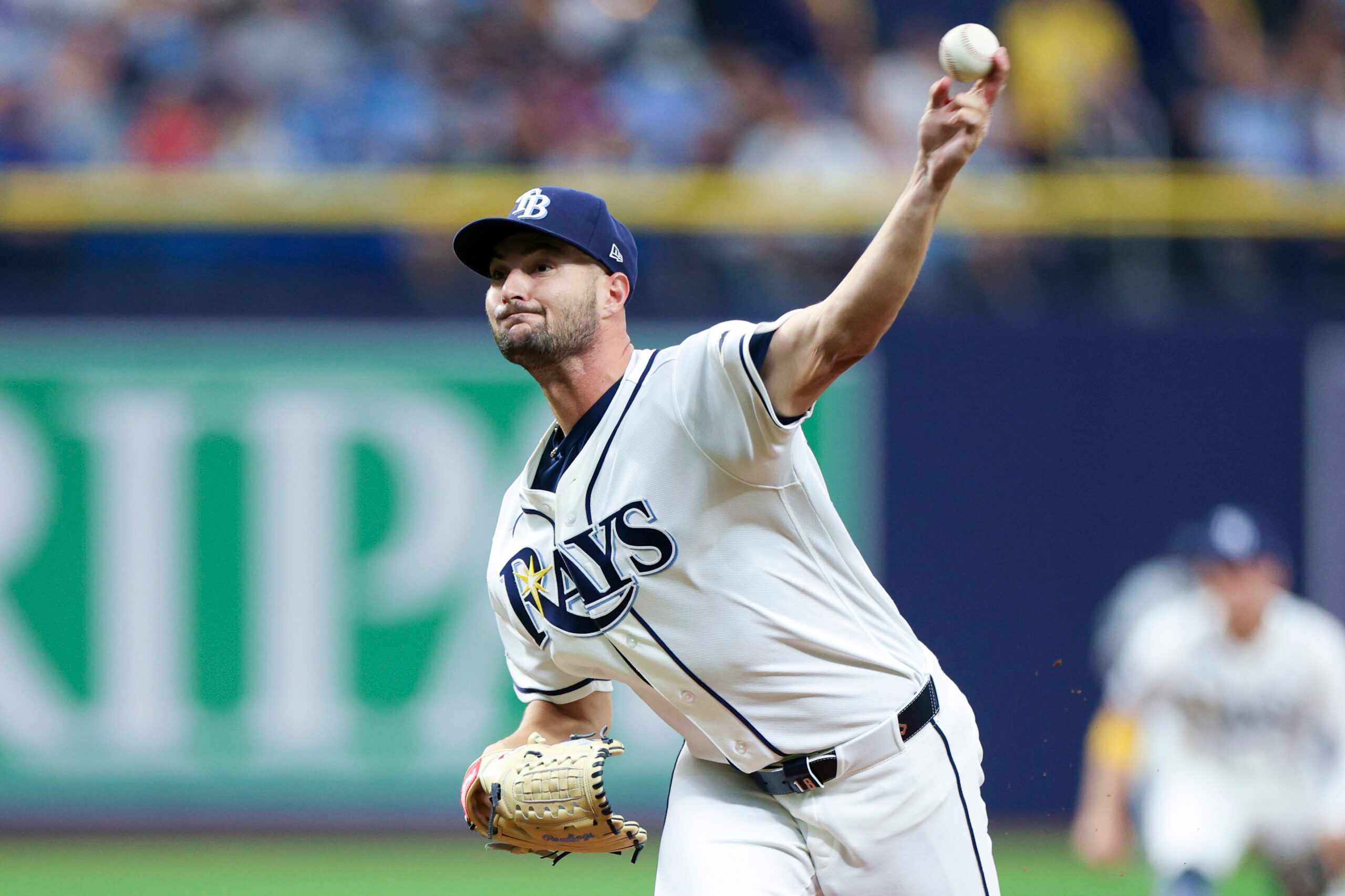 Apr 6, 2026; St. Petersburg, Florida, USA; Tampa Bay Rays starting pitcher Shane McClanahan (18) throws a pitch against the Chicago Cubs in the first inning at Tropicana Field. Mandatory Credit: Nathan Ray Seebeck-Imagn Images