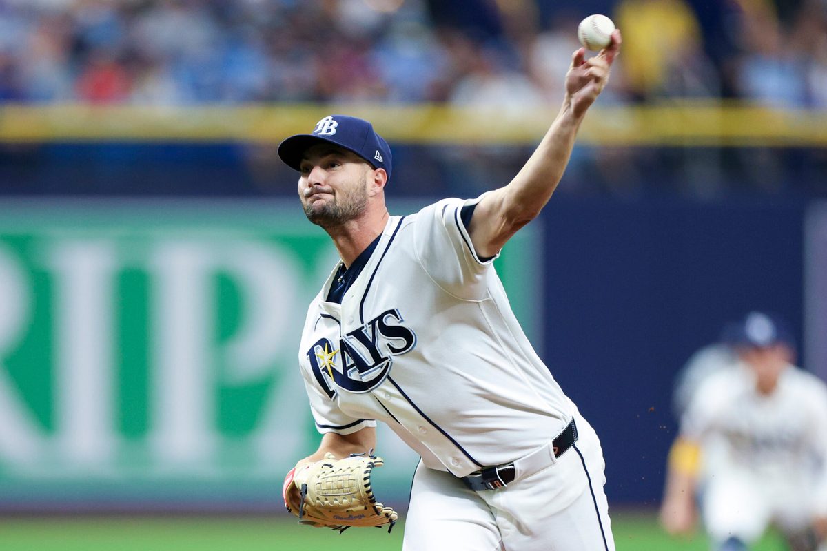 Apr 6, 2026; St. Petersburg, Florida, USA; Tampa Bay Rays starting pitcher Shane McClanahan (18) throws a pitch against the Chicago Cubs in the first inning at Tropicana Field. Mandatory Credit: Nathan Ray Seebeck-Imagn Images