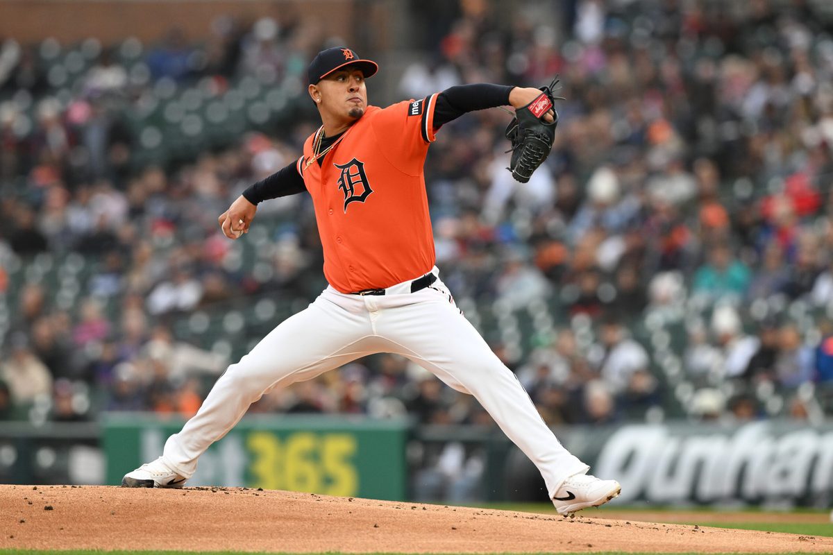 Apr 10, 2026; Detroit, Michigan, USA;  Detroit Tigers starting pitcher Keider Montero (54) throws a pitch against the Miami Marlins in the first inning at Comerica Park. Mandatory Credit: Lon Horwedel-Imagn Images