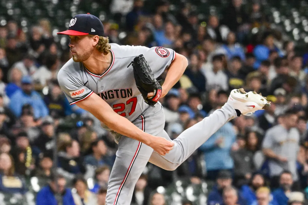 Apr 10, 2026; Milwaukee, Wisconsin, USA; Washington Nationals pitcher Jake Irvin (27) throws a pitch in the first inning against the Milwaukee Brewers at American Family Field. Mandatory Credit: Benny Sieu-Imagn Images