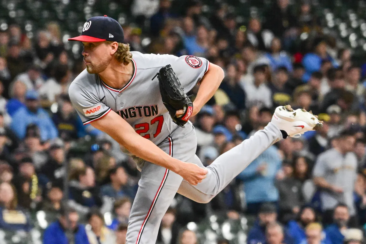 Apr 10, 2026; Milwaukee, Wisconsin, USA; Washington Nationals pitcher Jake Irvin (27) throws a pitch in the first inning against the Milwaukee Brewers at American Family Field. Mandatory Credit: Benny Sieu-Imagn Images