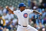 Apr 11, 2026; Chicago, Illinois, USA; Chicago Cubs pitcher Edward Cabrera (30) pitches against the Pittsburgh Pirates during the first inning at Wrigley Field. Mandatory Credit: Patrick Gorski-Imagn Images