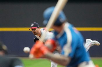 Apr 11, 2026; Milwaukee, Wisconsin, USA; Washington Nationals pitcher Foster Griffin (22) delivers a pitch against the Milwaukee Brewers in the first inning at American Family Field. Mandatory Credit: Michael McLoone-Imagn Images