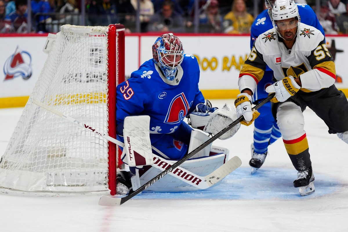 Apr 11, 2026; Denver, Colorado, USA; Vegas Golden Knights right wing Keegan Kolesar (55) and Colorado Avalanche goaltender MacKenzie Blackwood (39) during the third period at Ball Arena. Mandatory Credit: Ron Chenoy-Imagn Images