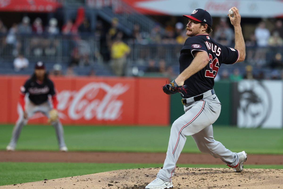 Apr 14, 2026; Pittsburgh, Pennsylvania, USA;  Washington Nationals pitcher Miles Mikolas (36) pitches against the Pittsburgh Pirates during the second inning at PNC Park. Mandatory Credit: Charles LeClaire-Imagn Images