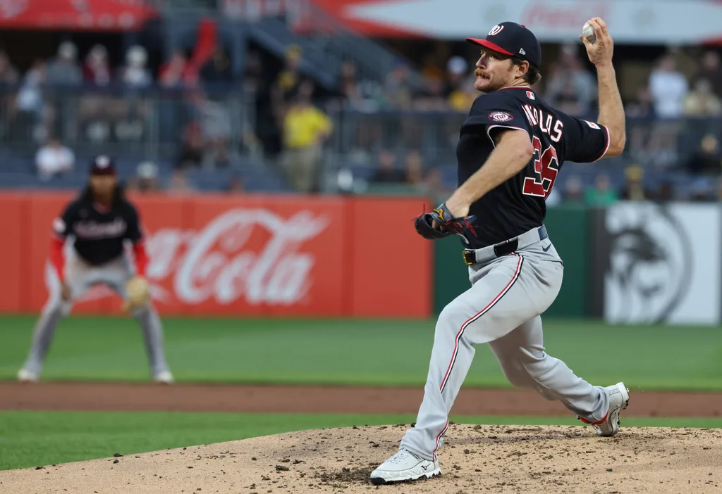 Apr 14, 2026; Pittsburgh, Pennsylvania, USA; Washington Nationals pitcher Miles Mikolas (36) pitches against the Pittsburgh Pirates during the second inning at PNC Park. Mandatory Credit: Charles LeClaire-Imagn Images
