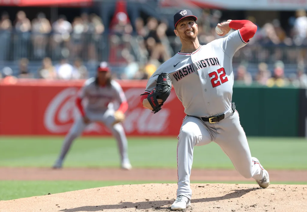 Apr 16, 2026; Pittsburgh, Pennsylvania, USA; Washington Nationals starting pitcher Foster Griffin (22) delivers a pitch against the Pittsburgh Pirates during the first inning at PNC Park. Mandatory Credit: Charles LeClaire-Imagn Images