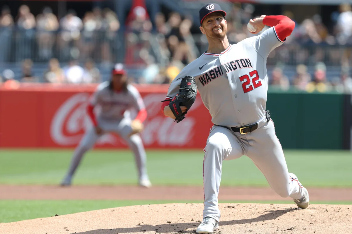 Apr 16, 2026; Pittsburgh, Pennsylvania, USA; Washington Nationals starting pitcher Foster Griffin (22) delivers a pitch against the Pittsburgh Pirates during the first inning at PNC Park. Mandatory Credit: Charles LeClaire-Imagn Images