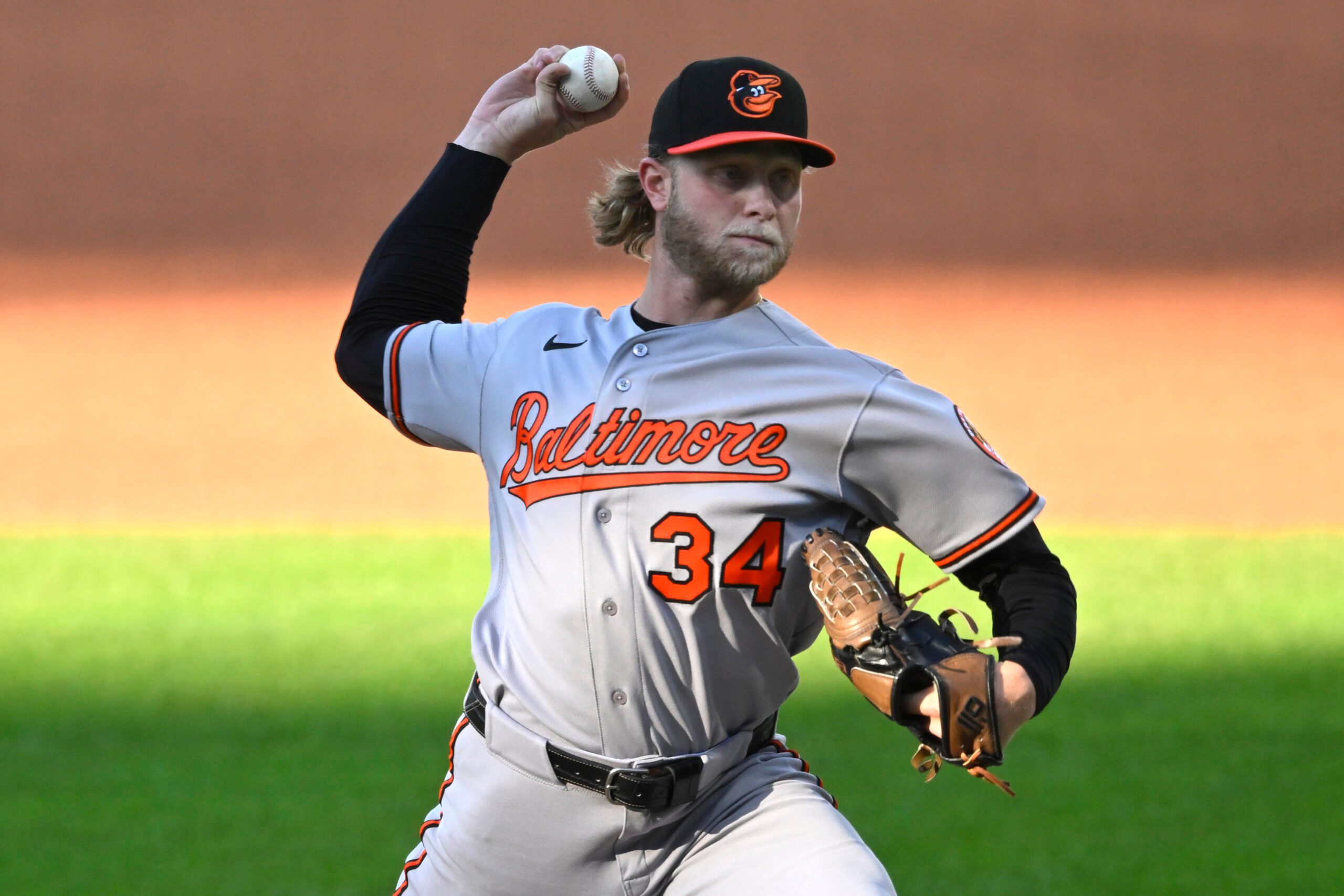Apr 16, 2026; Cleveland, Ohio, USA; Baltimore Orioles starting pitcher Shane Baz (34) delivers a pitch in the first inning against the Cleveland Guardians at Progressive Field. Mandatory Credit: David Richard-Imagn Images