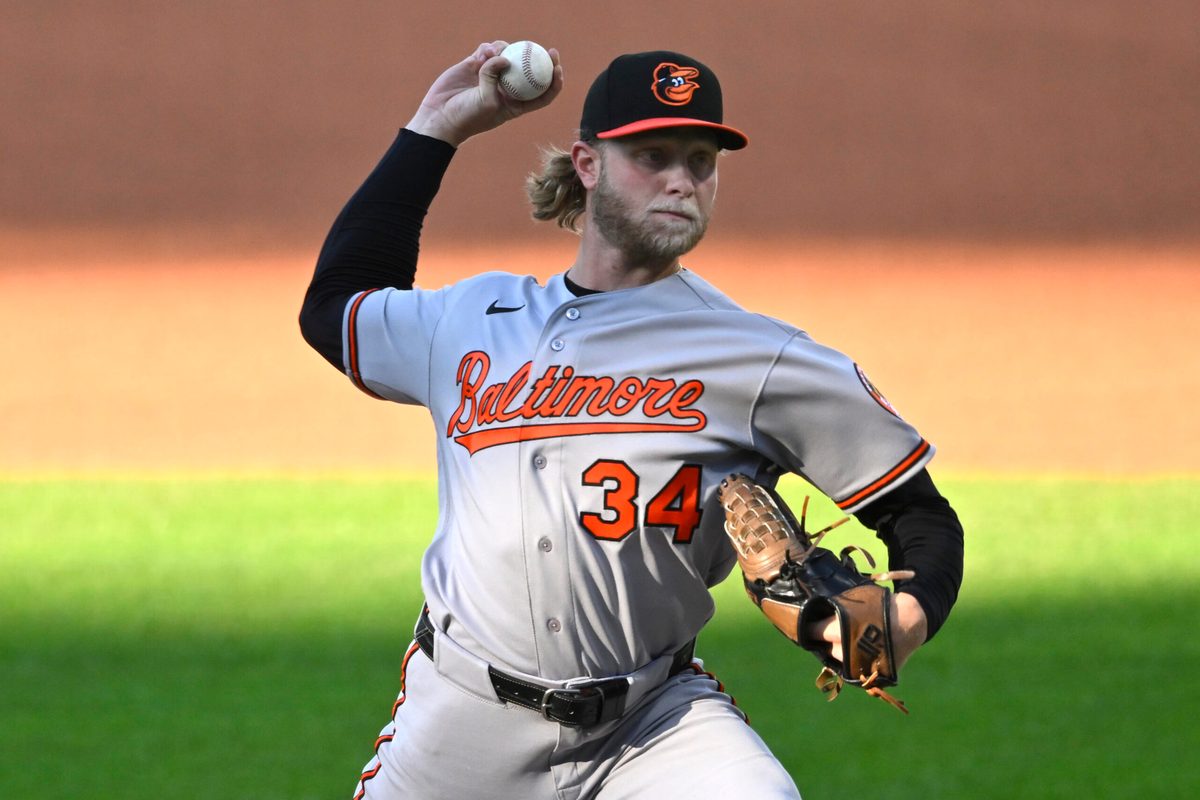 Apr 16, 2026; Cleveland, Ohio, USA; Baltimore Orioles starting pitcher Shane Baz (34) delivers a pitch in the first inning against the Cleveland Guardians at Progressive Field. Mandatory Credit: David Richard-Imagn Images
