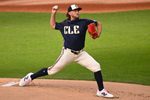 Apr 17, 2026; Cleveland, Ohio, USA; Cleveland Guardians starting pitcher Tanner Bibee (28) delivers a pitch in the first inning against the Baltimore Orioles at Progressive Field. Mandatory Credit: David Richard-Imagn Images