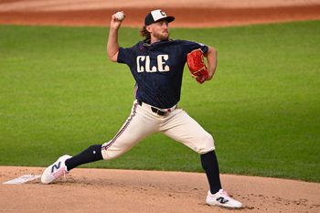 Apr 17, 2026; Cleveland, Ohio, USA; Cleveland Guardians starting pitcher Tanner Bibee (28) delivers a pitch in the first inning against the Baltimore Orioles at Progressive Field. Mandatory Credit: David Richard-Imagn Images