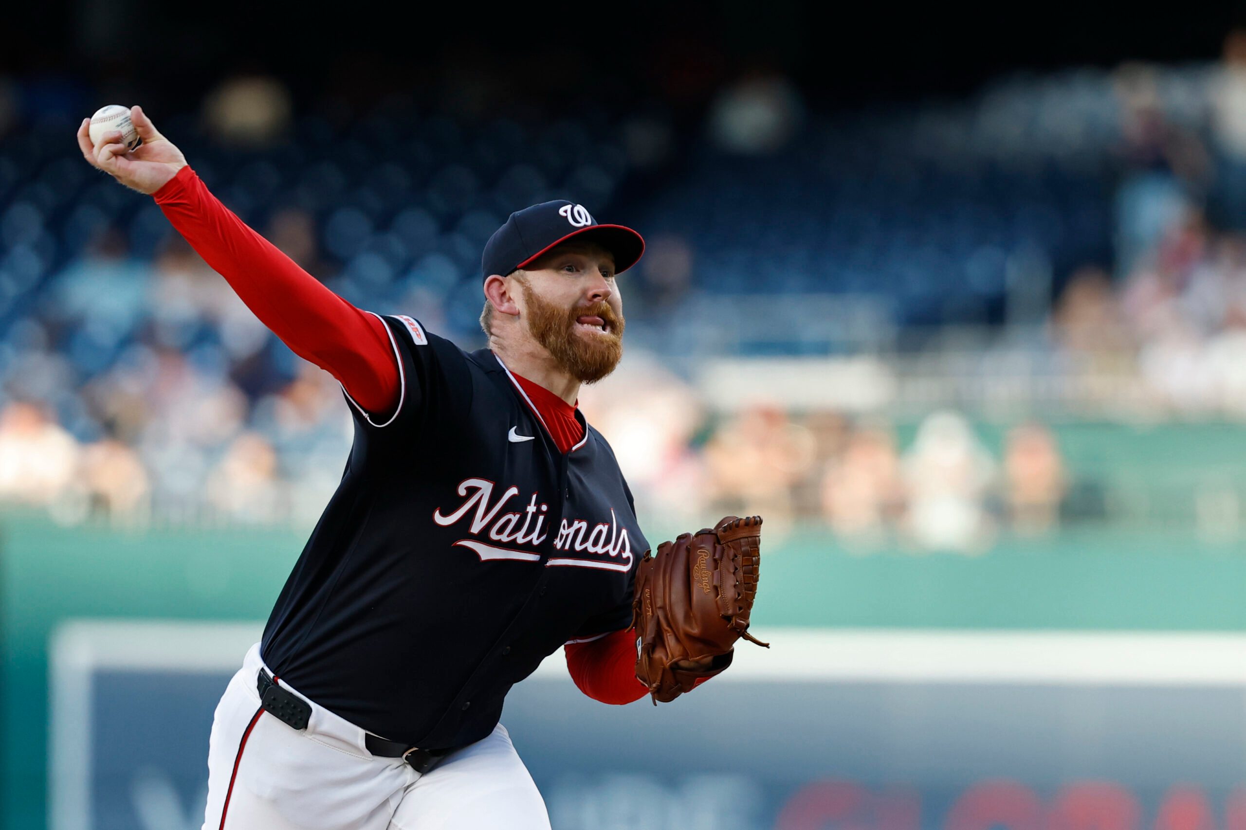 Apr 17, 2026; Washington, District of Columbia, USA; Washington Nationals starting pitcher Zack Littell (18) pitches against the San Francisco Giants during the twelfth inning at Nationals Park. Mandatory Credit: Geoff Burke-Imagn Images