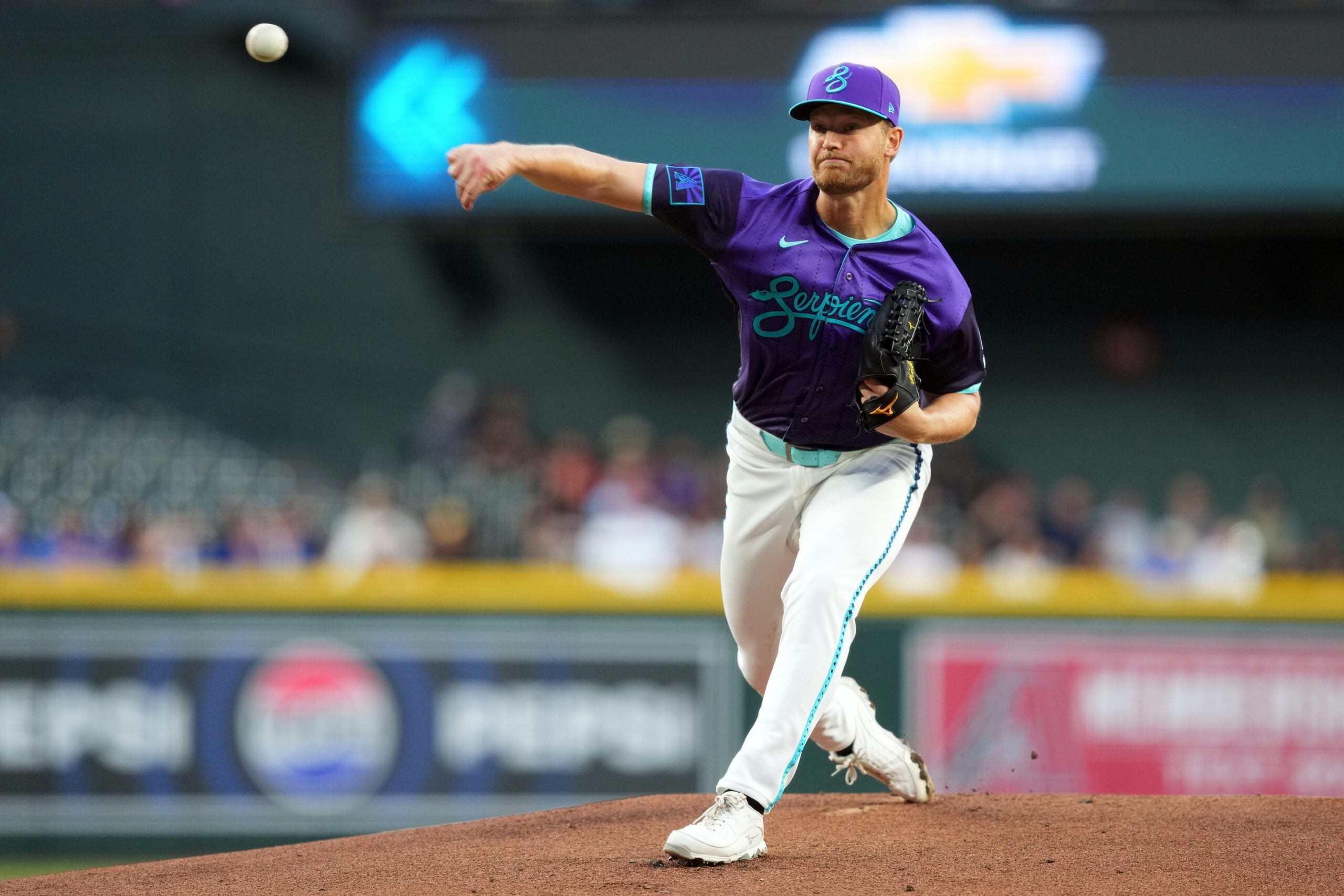 Apr 17, 2026; Phoenix, Arizona, USA; Arizona Diamondbacks pitcher Michael Soroka (34) pitches against the Toronto Blue Jays during the first inning at Chase Field. Mandatory Credit: Joe Camporeale-Imagn Images