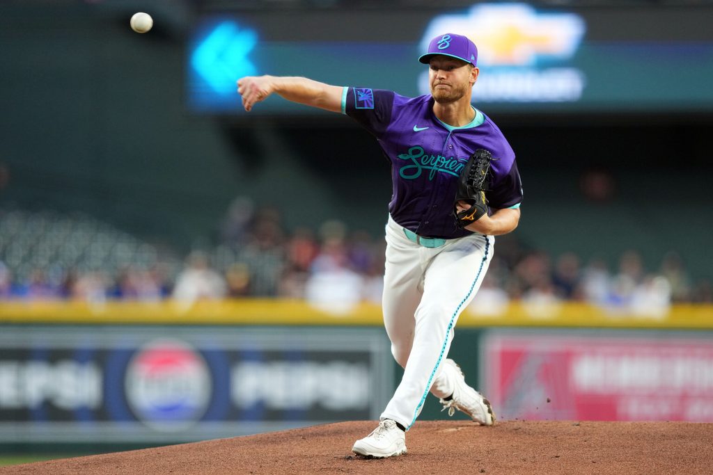 Apr 17, 2026; Phoenix, Arizona, USA; Arizona Diamondbacks pitcher Michael Soroka (34) pitches against the Toronto Blue Jays during the first inning at Chase Field. Mandatory Credit: Joe Camporeale-Imagn Images