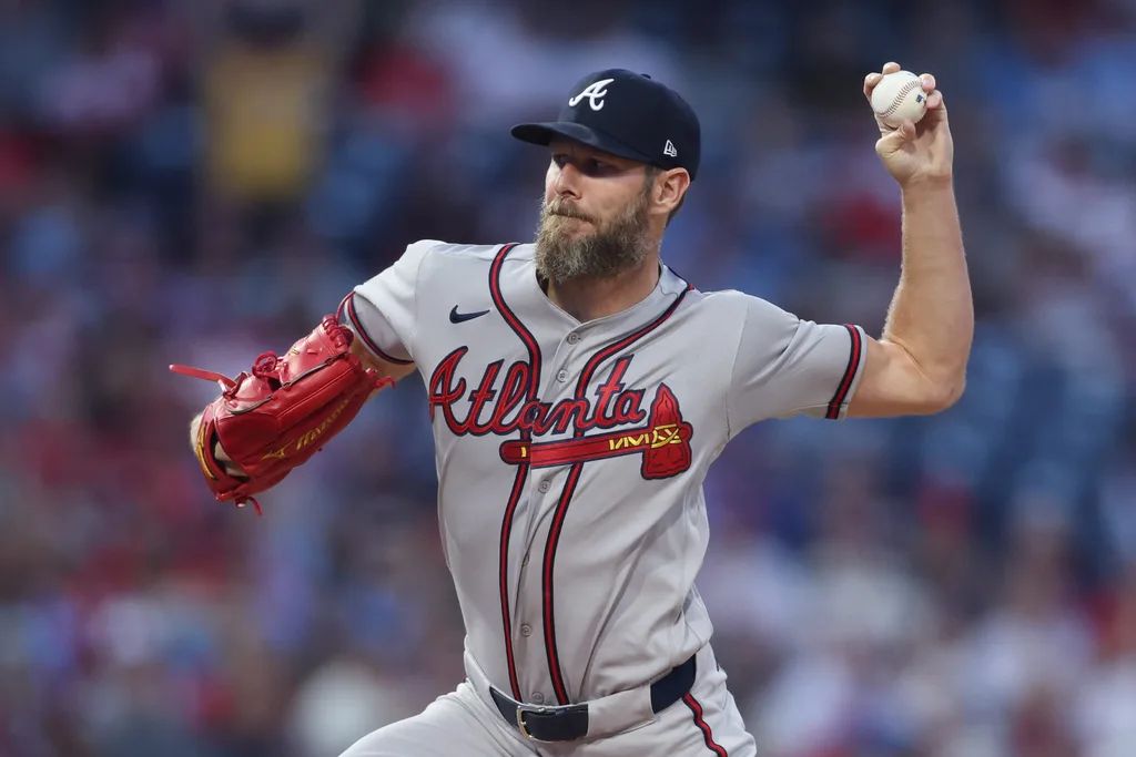 Apr 18, 2026; Philadelphia, Pennsylvania, USA; Atlanta Braves pitcher Chris Sale (51) throws a pitch against the Philadelphia Phillies during the first inning at Citizens Bank Park. Mandatory Credit: Bill Streicher-Imagn Images