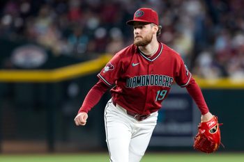Apr 19, 2026; Phoenix, Arizona, USA; Arizona Diamondbacks pitcher Ryne Nelson in the first inning against the Toronto Blue Jays at Chase Field. Mandatory Credit: Mark J. Rebilas-Imagn Images