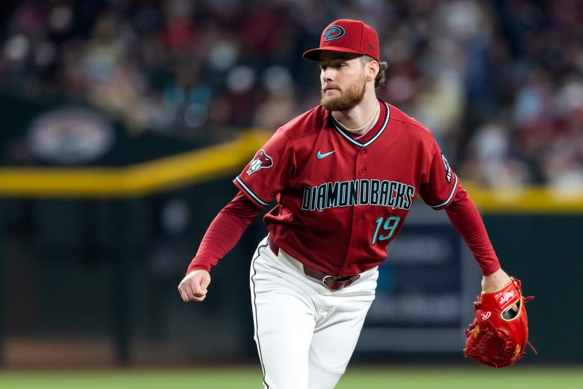 Apr 19, 2026; Phoenix, Arizona, USA; Arizona Diamondbacks pitcher Ryne Nelson in the first inning against the Toronto Blue Jays at Chase Field. Mandatory Credit: Mark J. Rebilas-Imagn Images