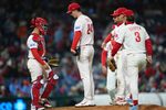 Apr 19, 2026; Philadelphia, Pennsylvania, USA; Philadelphia Phillies starting pitcher Andrew Painter (24) reacts after being removed from the game against the Atlanta Braves in the fifth inning at Citizens Bank Park. Mandatory Credit: Kyle Ross-Imagn Images