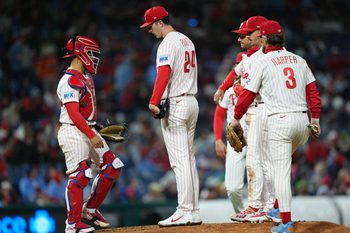 Apr 19, 2026; Philadelphia, Pennsylvania, USA; Philadelphia Phillies starting pitcher Andrew Painter (24) reacts after being removed from the game against the Atlanta Braves in the fifth inning at Citizens Bank Park. Mandatory Credit: Kyle Ross-Imagn Images