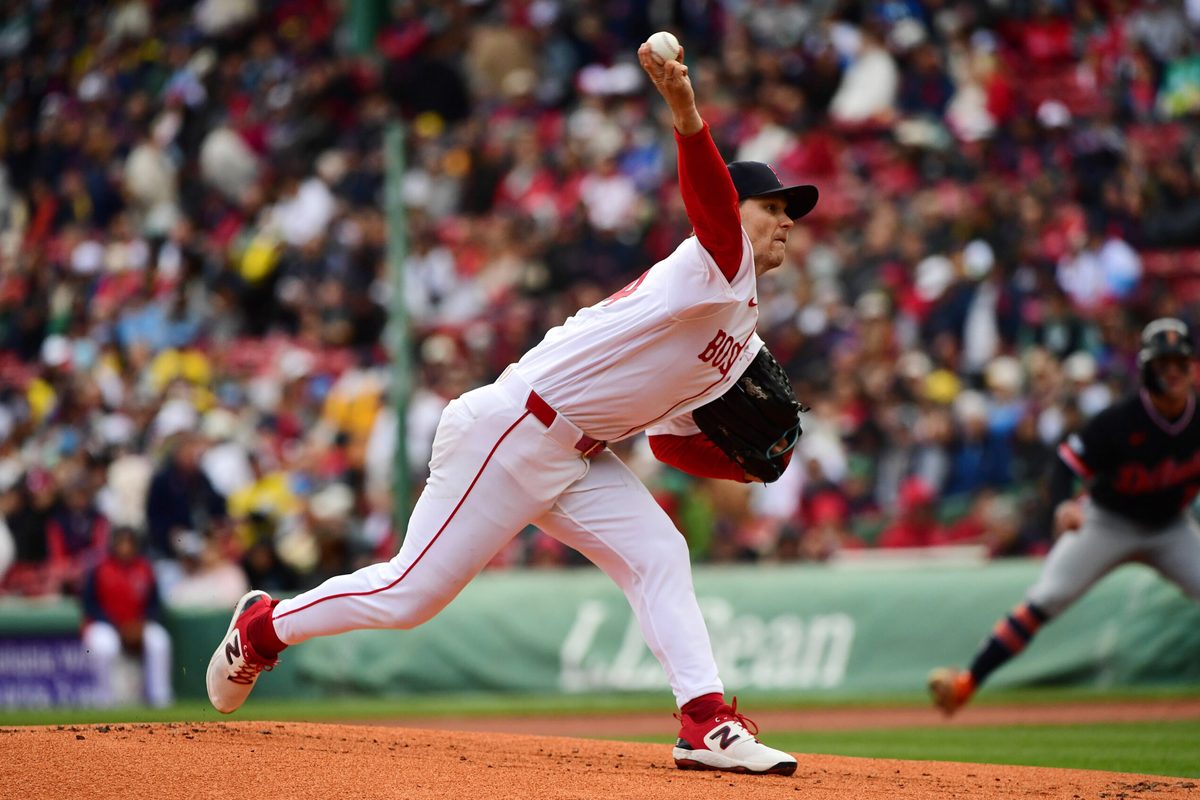 Apr 20, 2026; Boston, Massachusetts, USA;  Boston Red Sox pitcher Sonny Gray (54) pitches during the first inning against the Detroit Tigers at Fenway Park. Mandatory Credit: Bob DeChiara-Imagn Images