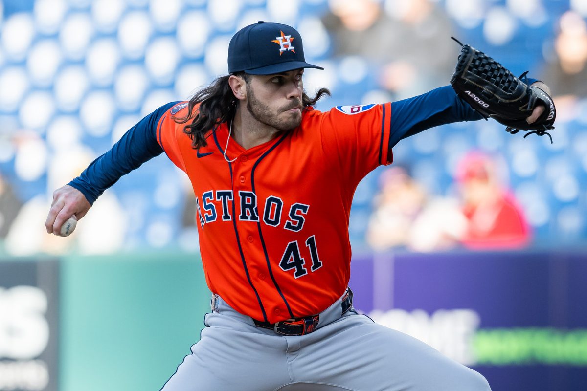 Apr 20, 2026; Cleveland, Ohio, USA; Houston Astros starting pitcher Spencer Arrighetti (41) throws a pitch against the Cleveland Guardians during the first inning at Progressive Field. Mandatory Credit: Ken Blaze-Imagn Images