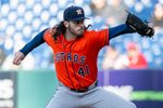 Apr 20, 2026; Cleveland, Ohio, USA; Houston Astros starting pitcher Spencer Arrighetti (41) throws a pitch against the Cleveland Guardians during the first inning at Progressive Field. Mandatory Credit: Ken Blaze-Imagn Images