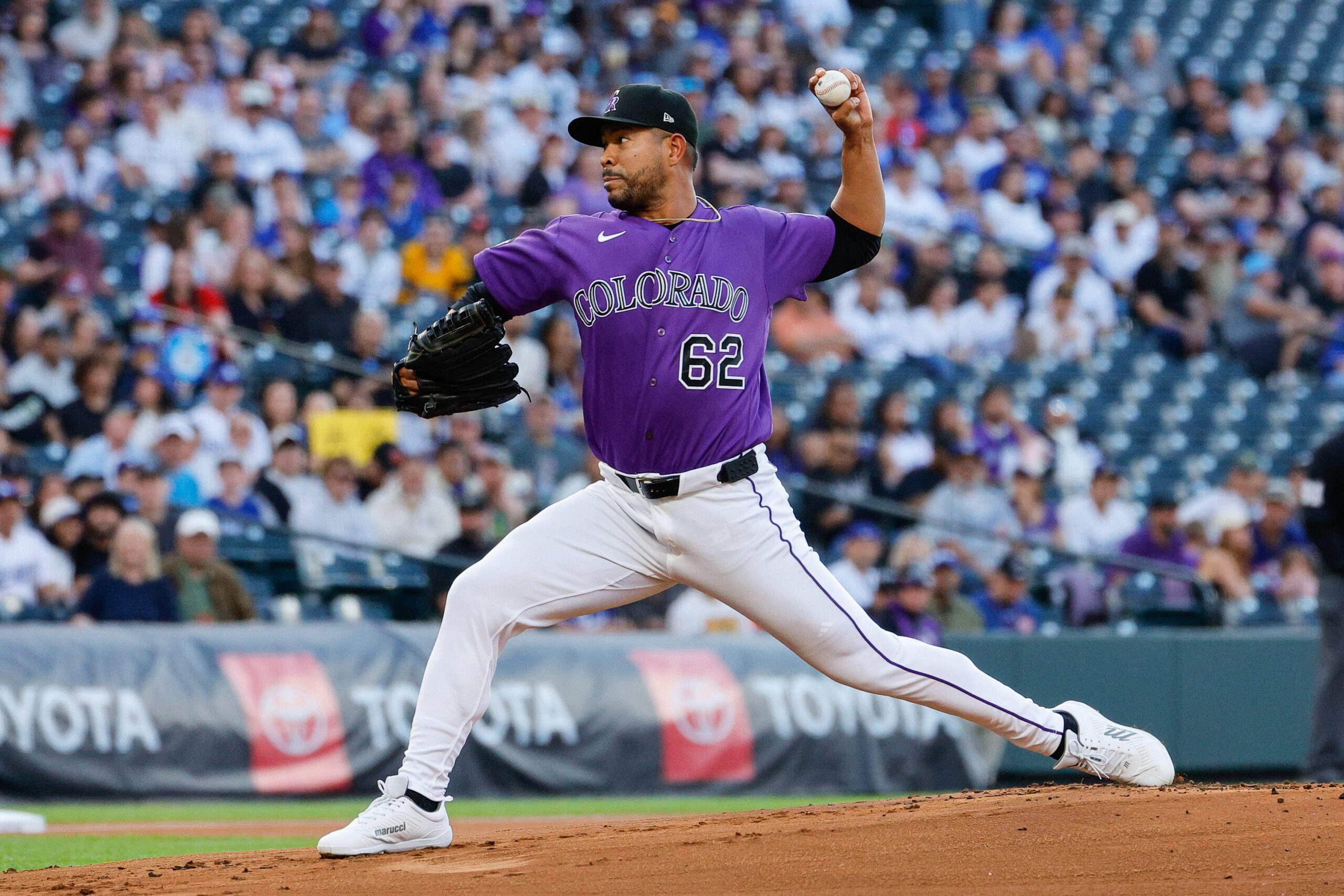 Apr 20, 2026; Denver, Colorado, USA; Colorado Rockies starting pitcher Jose Quintana (62) pitches in the first inning against the Los Angeles Dodgers at Coors Field. Mandatory Credit: Isaiah J. Downing-Imagn Images