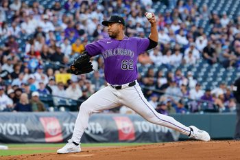 Apr 20, 2026; Denver, Colorado, USA; Colorado Rockies starting pitcher Jose Quintana (62) pitches in the first inning against the Los Angeles Dodgers at Coors Field. Mandatory Credit: Isaiah J. Downing-Imagn Images