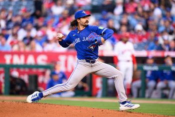 Apr 20, 2026; Anaheim, California, USA; Toronto Blue Jays pitcher Dylan Cease (84) delivers during the first inning against the Los Angeles Angels at Angel Stadium. Mandatory Credit: William Liang-Imagn Images