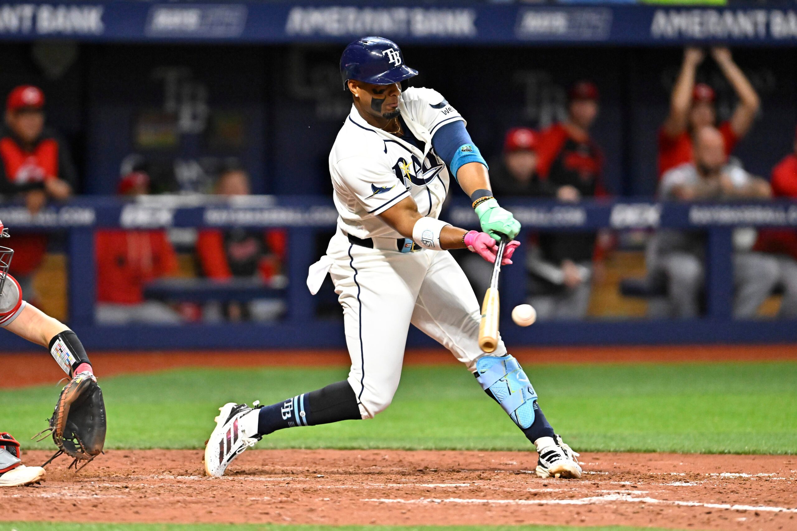Apr 21, 2026; St. Petersburg, Florida, USA; Tampa Bay Rays infielder Yandy Diaz (2) hits during the eighth inning against Cincinnati Reds at Tropicana Field. Mandatory Credit: Pablo Robles-Imagn Images